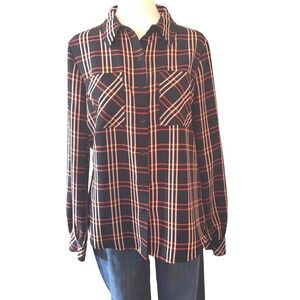 Sanctuary Plaid Button Down Shirt XS Black Burnt Orange Tan